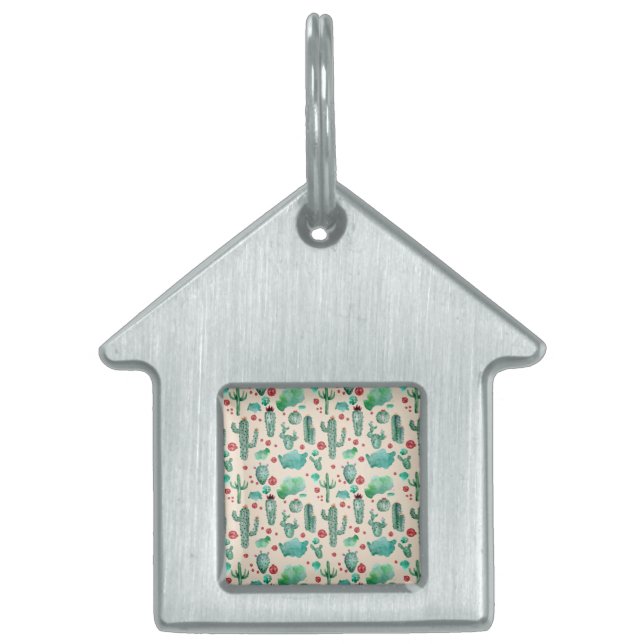Placa Para Mascotas patrón de cactus y ladybug - fondo beige (Frente)