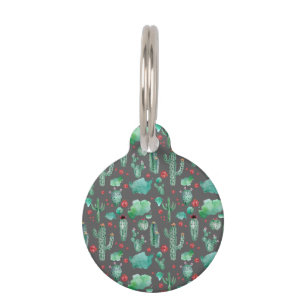 Placa Para Mascotas patrón de cactus y ladybug - fondo negro