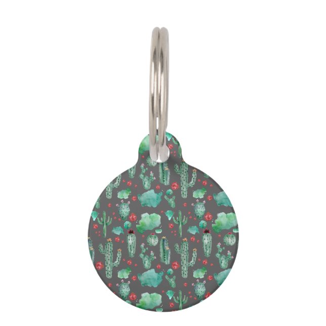 Placa Para Mascotas patrón de cactus y ladybug - fondo negro (Anverso)