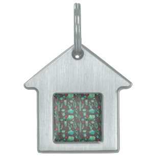 Placa Para Mascotas patrón de cactus y ladybug - fondo negro