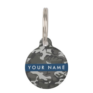 Placa Para Mascotas Patrón de camuflaje gris, tu nombre, Personaliza