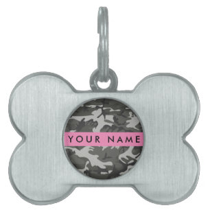 Placa Para Mascotas Patrón de camuflaje gris, tu nombre, Personaliza