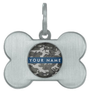 Placa Para Mascotas Patrón de camuflaje gris, tu nombre, Personaliza