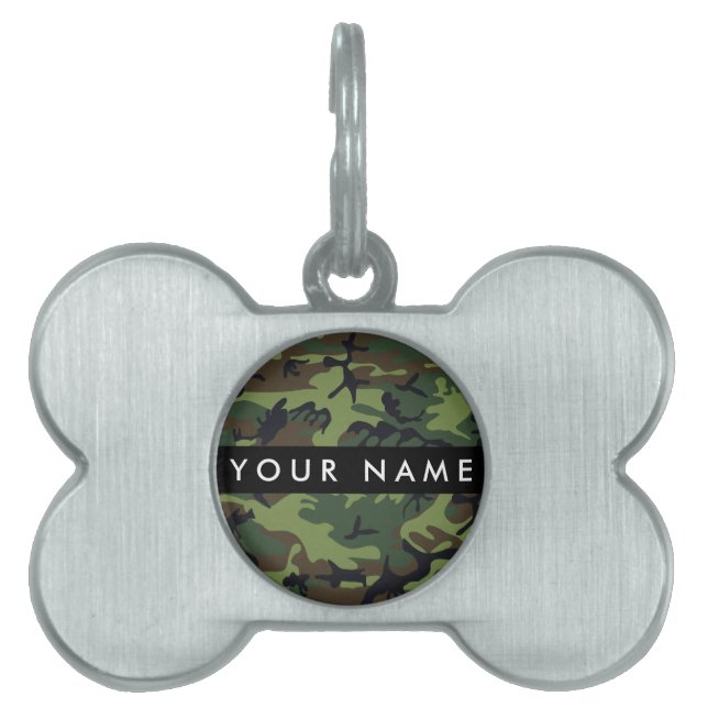 Placa Para Mascotas Patrón de camuflaje verde, nombre, personalización (Frente)