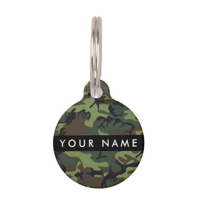 Placa Para Mascotas Patrón de camuflaje verde, nombre, personalización (Anverso)