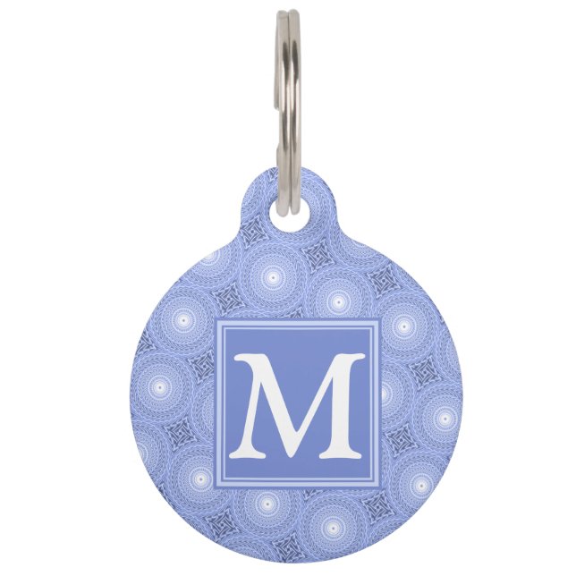 Placa Para Mascotas Patrón de círculos azules de monograma (Anverso)