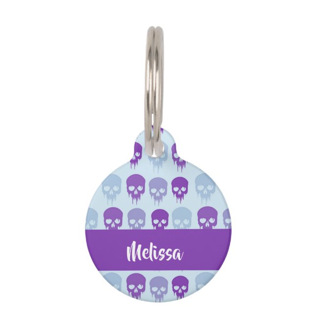 Placa Para Mascotas Patrón de cráneo morado y azul (Anverso)