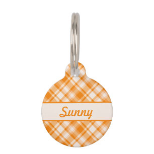 Placa Para Mascotas Patrón de Cuadro Naranja y Nombre y Número de Masc