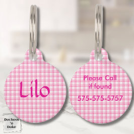Placa Para Mascotas Patrón de Cuadros Rosa y Blanco