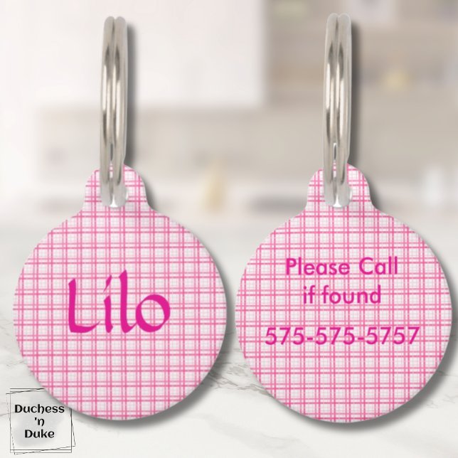 Placa Para Mascotas Patrón de Cuadros Rosa y Blanco (Plaid Pink and White Pattern Pet ID Tag)
