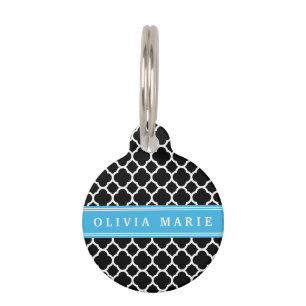 Placa Para Mascotas Patrón de cuatrefoil azul negro personalizado