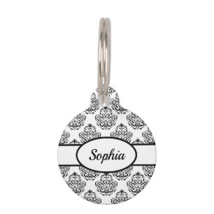 Placa Para Mascotas Patrón de Damasco en blanco y negro e información 