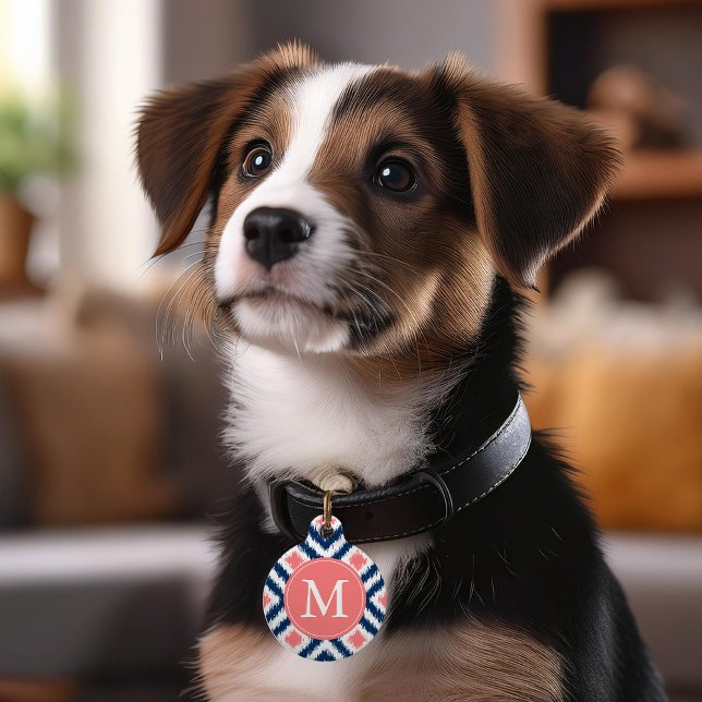 Placa Para Mascotas Patrón de diamantes de ikat azul y coral monograma (Subido por el creador)