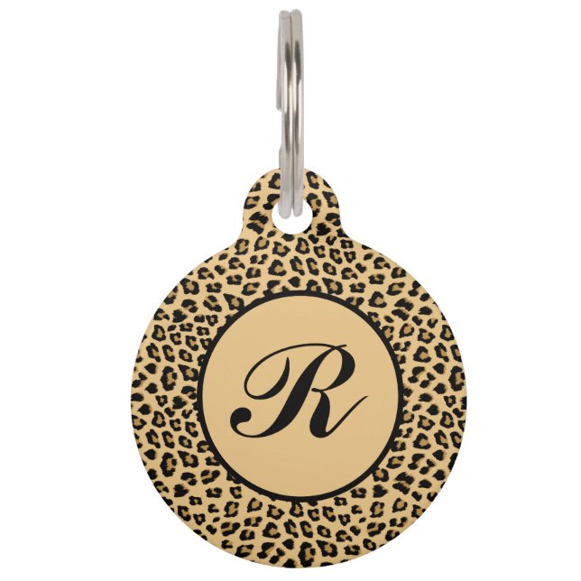 Placa Para Mascotas Patrón de estampado de leopardo con monograma (Anverso)