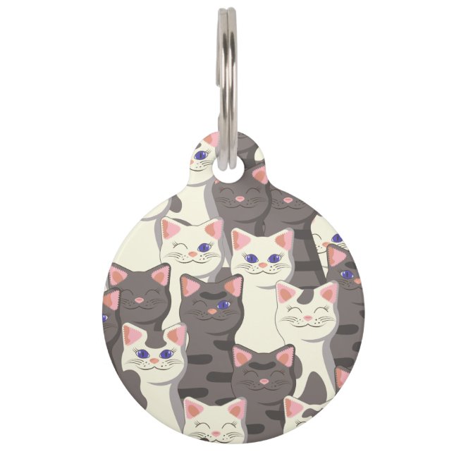 Placa Para Mascotas Patrón de gatos blancos y grises (Anverso)