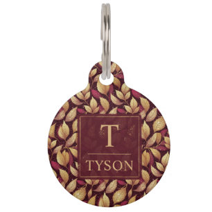 Placa Para Mascotas Patrón de hojas de otoño de brillo dorado granate 