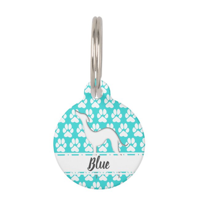 Placa Para Mascotas Patrón de huellas de hojas de silueta gris blanco  (Anverso)