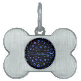 Placa Para Mascotas Patrón de la garra de perro purpurina azul Monogra