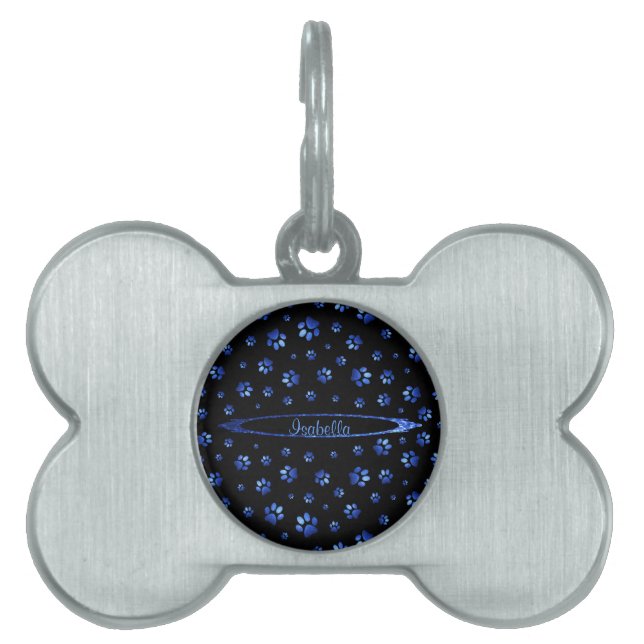 Placa Para Mascotas Patrón de la garra de perro purpurina azul Monogra (Frente)