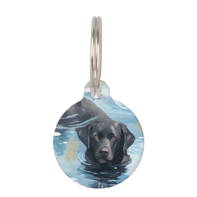 Placa Para Mascotas Patrón de Labrador Negro Nadando (Anverso)