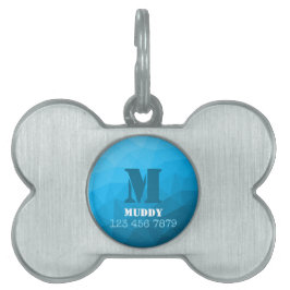 Placa Para Mascotas Patrón de malla geométrica azul cyan con monograma