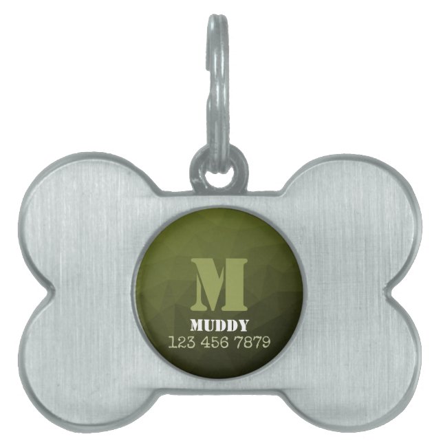 Placa Para Mascotas Patrón de malla geométrica verde del ejército mono (Frente)