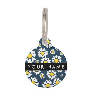 Placa Para Mascotas Patrón de margarita, maricas blancas, tu nombre