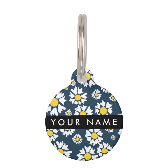 Placa Para Mascotas Patrón de margarita, maricas blancas, tu nombre (Anverso)