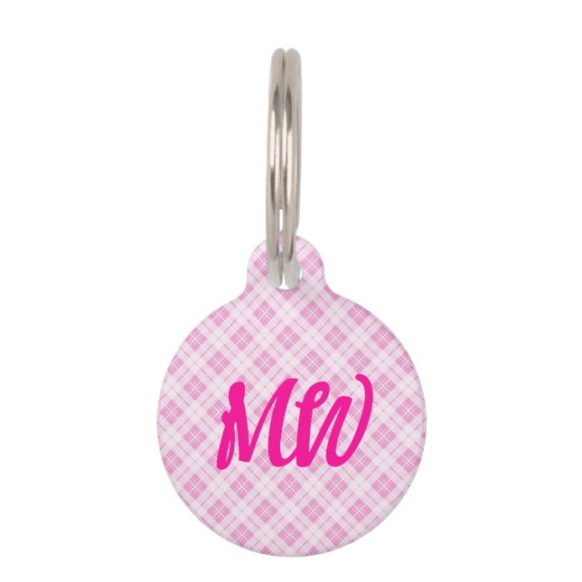 Placa Para Mascotas Patrón de Navidades tartán rosa claro Monograma (Anverso)
