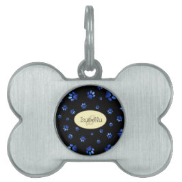 Placa Para Mascotas Patrón de pata de perro con purpurina azul, Monogr