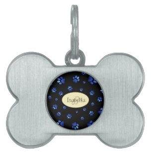 Placa Para Mascotas Patrón de pata de perro con purpurina azul, Monogr