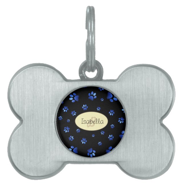 Placa Para Mascotas Patrón de pata de perro con purpurina azul, Monogr (Frente)