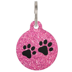 Placa Para Mascotas Patrón de purpurina brillante rosa, huella de pata