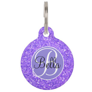 Placa Para Mascotas Patrón de purpurina espumoso morado monogramado