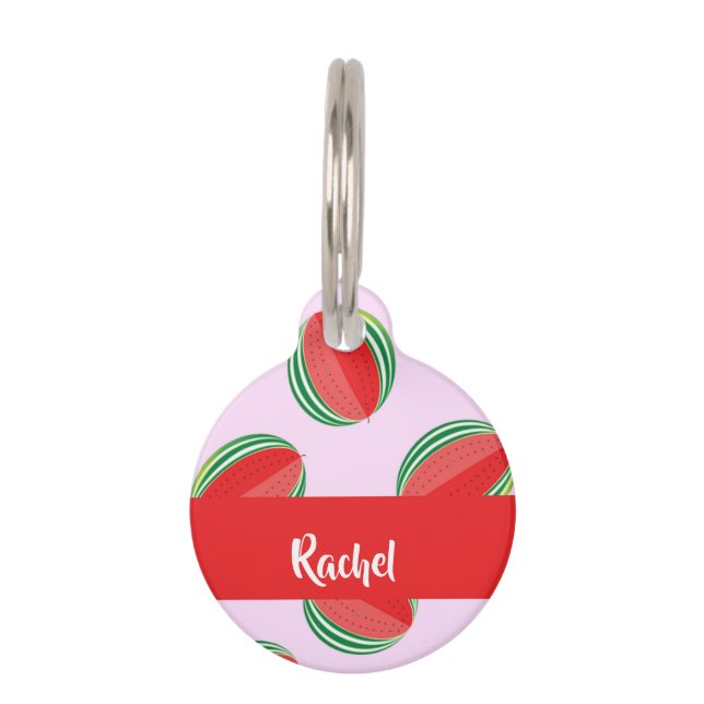 Placa Para Mascotas Patrón de sandía en rodajas sobre rosa (Anverso)