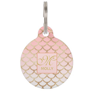 Placa Para Mascotas Patrón de sirena rosa y dorada - Monogramado
