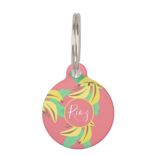 Placa Para Mascotas Patrón de vegetación bananera verde rosado (Anverso)