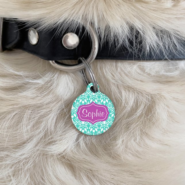Placa Para Mascotas Patrón elegante de Damasco morado y turquesa (Subido por el creador)