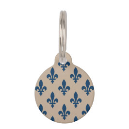 Placa Para Mascotas Patrón Fleur de Lis, azul francés real en crema