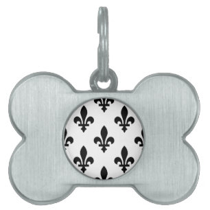 Placa Para Mascotas Patrón Fleur de Lis, francés real, negro sobre bla