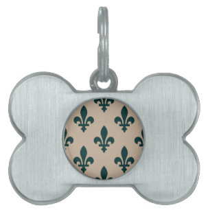 Placa Para Mascotas Patrón Fleur de Lis, verde francés real en crema