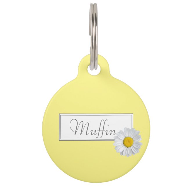 Placa Para Mascotas Patrón floral de margaritas amarillo vibrante  (Anverso)