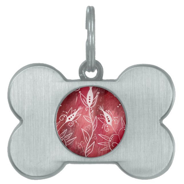 Placa Para Mascotas Patrón floral rojo (Frente)