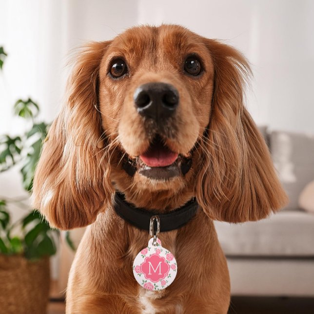 Placa Para Mascotas Patrón floral rosa personalizado (Subido por el creador)