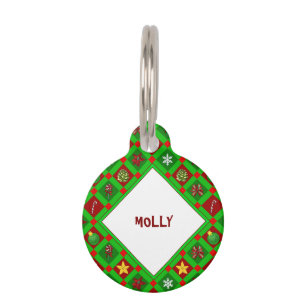 Placa Para Mascotas Patrón Personalizado De Navidad Verde Y Rojo