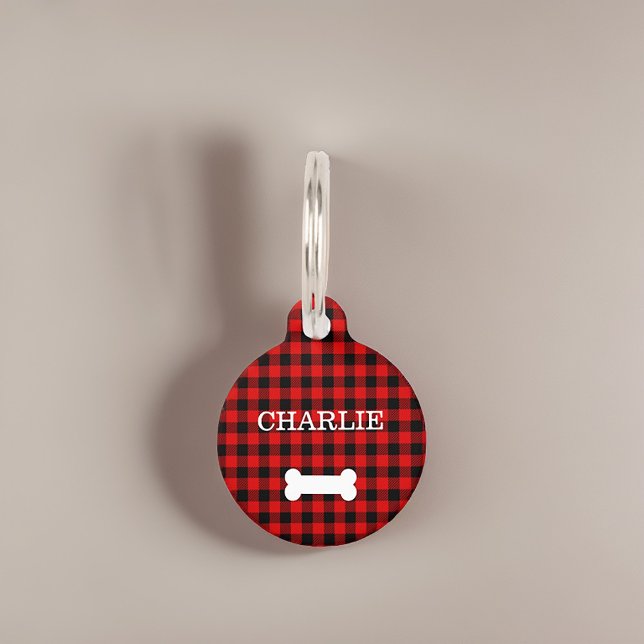 Placa Para Mascotas Patrón rojo de plaid hueso de perro (Subido por el creador)