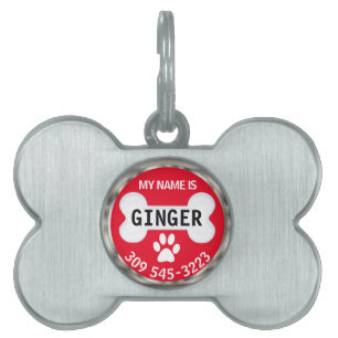 Placa Para Mascotas Paw blanca y óseo en rojo   Personalizar