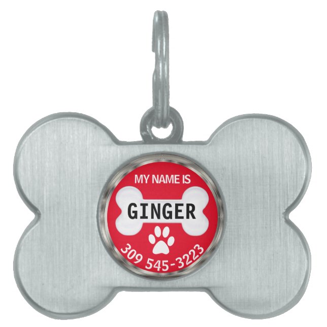 Placa Para Mascotas Paw blanca y óseo en rojo | Personalizar (Frente)