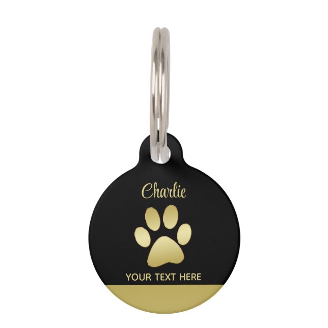 Placa Para Mascotas Paw dorada de perro brillante sobre fondo negro (Anverso)