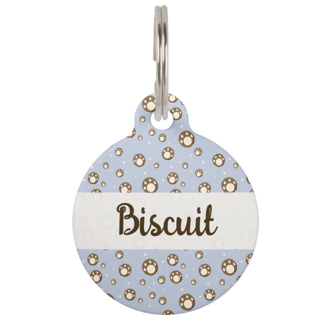 Placa Para Mascotas Paw Print Cookies Light Blue Pattern Monogram (Anverso)